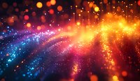 Abstract colorful light waves with glowing particles in blue, orange and red creating magical bokeh effect for festive backgrounds.