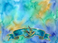 Watercolor background with blue, green, yellow and purple hues featuring a decorative gold ribbon banner with swallow bird. Suitable for greeting cards, invitations, posters and design projects.