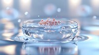 Transparent glass bowl with floating water drops and delicate splash crown captured in high-speed macro photography against soft blue background with bokeh effect.