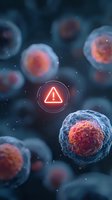 Microscopic view of human cells with glowing orange nuclei and warning symbol, representing medical research or disease detection in healthcare.