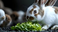 Adorable brown and white domestic rabbit eating fresh green lettuce leaves, healthy pet nutrition and natural feeding behavior for veterinary care.