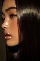 Young Asian woman with glossy straight brown hair and glowing skin in warm lighting for beauty and haircare concepts.