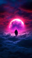 Silhouette of mysterious figure standing on clouds against glowing pink moon and dramatic purple-red sky, creating ethereal supernatural atmosphere.