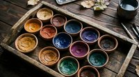 Artist's watercolor palette with multiple earth-tone and jewel-toned pigments in ceramic containers arranged on wooden tray, ready for painting projects.