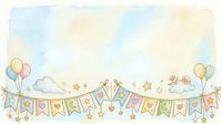 Watercolor illustration of festive bunting with pastel balloons, stars, and hearts on soft cream background, suitable for greeting cards, invitations, and children's designs.