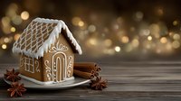 Festive gingerbread house with white icing decoration on wooden table with cinnamon sticks, star anise and golden bokeh background for holiday baking.