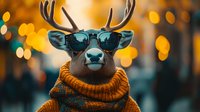 Deer wearing sunglasses and orange knit sweater against warm bokeh background, suitable for humorous wildlife, fashion, and holiday design projects.
