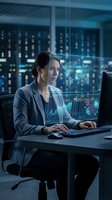 Professional Asian businesswoman analyzing data on futuristic holographic displays in modern office environment for technology presentations.