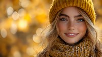 Young blonde woman wearing mustard knit beanie and scarf smiling warmly at camera with autumn bokeh background creating cozy seasonal atmosphere.