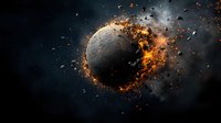 Dramatic cosmic scene showing planet explosion with fire and debris against dark space background, creating intense visual impact for astronomy concepts.