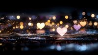 Glowing heart shapes floating over sparkling city lights at night with bokeh effect and magical light trails creating romantic dreamy atmosphere.