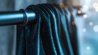 Luxurious teal velvet fabric draped over black rod creates elegant folds and texture against blurred bokeh background, showcasing rich material quality and depth.