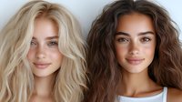 Two young women with different hair colors smiling at camera, blonde and brunette friends portrait for beauty and lifestyle concepts.