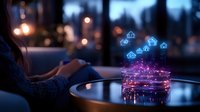 Young woman in casual attire using tablet with holographic smart home interface glowing above device at night, representing connected living technology and IoT applications.