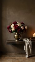 Elegant floral arrangement with burgundy and cream roses in antique brass vase on wooden shelf against textured wall, styled with vintage books and draped linen fabric for classic home decor.