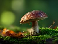 Brown mushroom with water droplets growing on moss in forest with autumn leaf and soft green bokeh background.