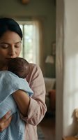 Tender moment as a young Hispanic mother gently kisses her newborn baby wrapped in a soft blue blanket at home.