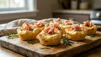 Golden puff pastry appetizer cups filled with creamy mixture and topped with diced ham on rustic wooden board in bright kitchen setting.