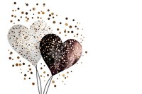 Romantic heart balloons in white and black with rose gold glitter confetti scatter on white background, watercolor style illustration for Valentine's Day designs.