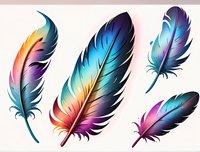 Vibrant colorful feathers collection with gradient transitions from turquoise to pink and purple, perfect for modern tattoo designs, fabric prints and creative projects on white background.