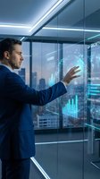Professional businessman interacting with futuristic holographic data analytics display in modern office environment for business technology presentations.