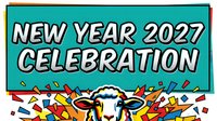 Young bull with horns surrounded by colorful confetti and streamers on turquoise background. Festive graphic for New Year 2027 celebrations, parties, and holiday event promotions.