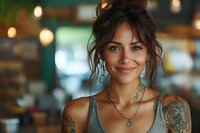 Young tattooed woman with messy bun hairstyle smiling warmly in trendy cafe or restaurant setting with bokeh lights background for lifestyle content.