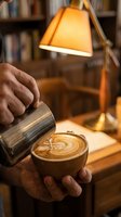 Barista pouring steamed milk creating latte art in coffee cup under warm desk lamp light in cozy cafe setting with books in background.