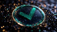 Litecoin cryptocurrency coin with glowing green symbol on dark background surrounded by sparkly bokeh lights and glitter effects, macro photography.