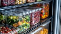 Fresh healthy meals in plastic containers on refrigerator shelves. Meal prep with colorful vegetables, salads and fruits for weekly planning. Clean eating concept.