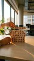 Person with medium skin tone stacking wooden blocks with ISO certification standards in modern office with windows, plants, and city view for quality management and business compliance concepts.