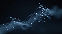 Glowing blue dots connected by curved lines creating abstract wave pattern on dark background, representing digital network connectivity and data flow.