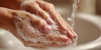 Close-up of female hands washing with soap under running water in bathroom sink, demonstrating proper hygiene and cleanliness routine for health and wellness.