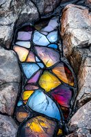 Colorful stained glass mosaic pattern nestled between natural rocks creates magical light effect with blue, yellow, purple and orange hues in abstract arrangement.