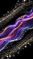 Glowing neon wave of colorful particles flows on dark background, purple and gold bokeh lights, futuristic digital energy motion concept.