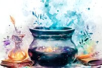 Mystical still life with black cauldron and glowing potion bottle against watercolor turquoise background, magical herbs and ancient books create enchanting atmosphere.