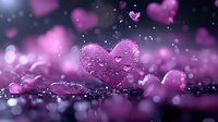 Pink heart shape with water drops on dark background, romantic bokeh effect with floating hearts and sparkles creates dreamy atmosphere for Valentine's Day designs.