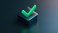 Glowing green checkmark on dark pedestal with soft illumination and gradient background, modern minimal design style for approval and success concepts.