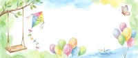 Watercolor spring frame with tree swing, colorful balloons, kite and butterfly on white background for greeting cards and invitations.