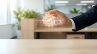 Businessman hand holding glowing copyright symbol with light effects in modern office workspace with plants and natural lighting for intellectual property concepts.