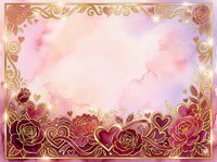 Romantic gold ornamental frame with roses and hearts on soft pink watercolor background, isolated on transparent background for wedding invitations, greeting cards, and design projects.