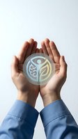 Cupped hands protecting holographic eco-friendly symbol with brain and leaf design representing sustainable thinking and environmental consciousness.