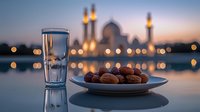 Glass of water and dates on table against blurred mosque silhouette during sunset, traditional Ramadan iftar setting with bokeh lights and peaceful ambiance.