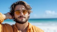Young bearded man in orange shirt and yellow sunglasses enjoying sunny day at tropical beach, with turquoise ocean and white sand background, expressing relaxation and joy.