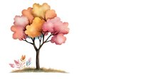 Watercolor autumn tree with pink and orange foliage on white background, delicate floral elements at base creating serene nature scene for stationery design.