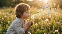 Young boy blowing dandelion seeds with social media icons floating in golden sunset light, digital communication concept for marketing campaigns.