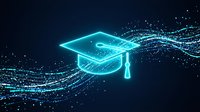 Glowing neon graduation cap with flowing digital particles and light trails on dark background, representing online learning, education technology, and digital knowledge transfer.