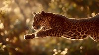 Majestic leopard in mid-leap captured against golden bokeh background, showcasing power and grace of wild predator in natural habitat.