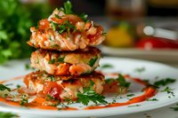 Grilled salmon patties stacked with fresh herbs and spicy sauce, garnished with parsley on white plate. Close up view of gourmet seafood appetizer.