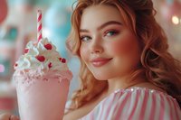 Young woman with reddish-brown wavy hair and fair complexion holding pink milkshake with whipped cream and candy garnish, wearing striped top in festive setting with bokeh lights.